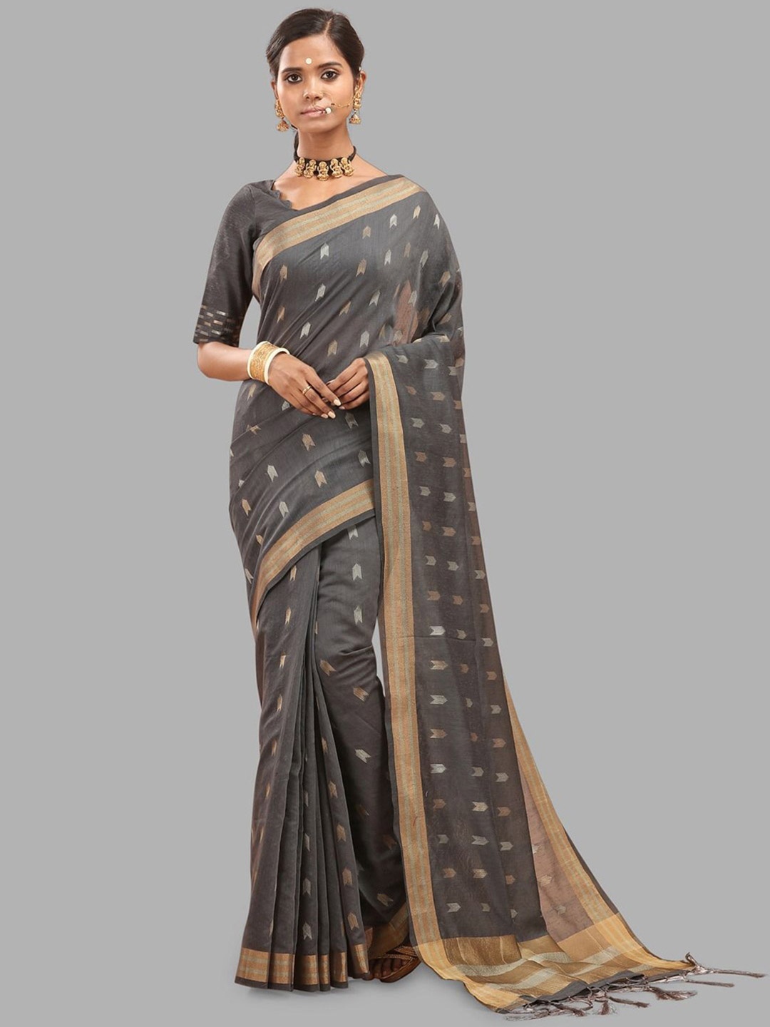 

Krimmple Woven Design Zari Pure Linen Khadi Saree, Grey