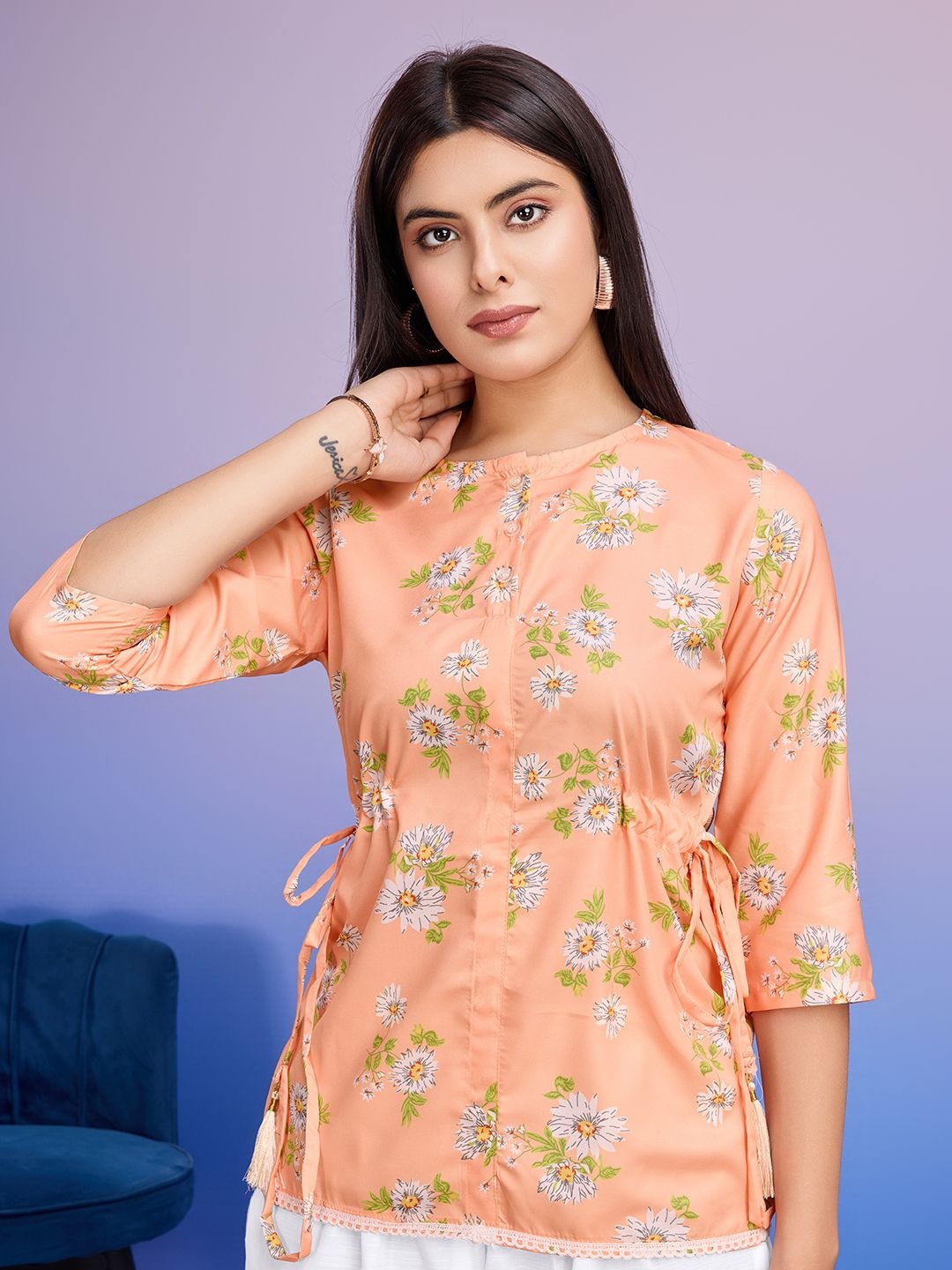 

KALINI Floral Printed Boat Neck Top with Trousers, Peach