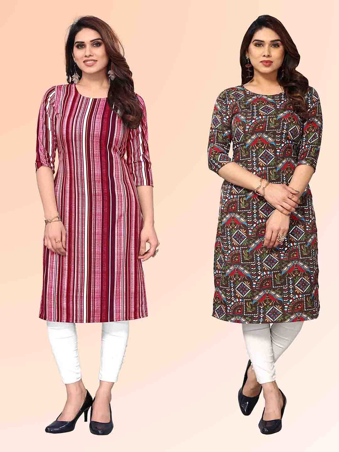 

KETAKI FASHION Selection Of 2 Striped Round Neck Straight Kurtas, Maroon