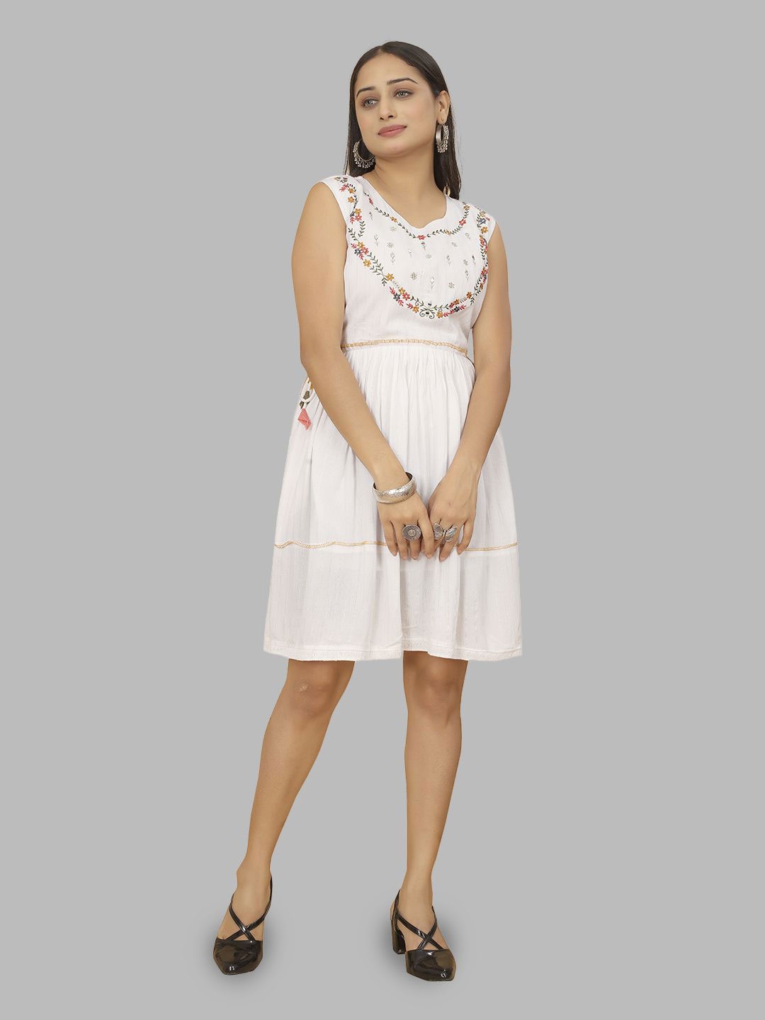 

Krimmple Floral Embroidered Cotton Fit & Flare Dress, White
