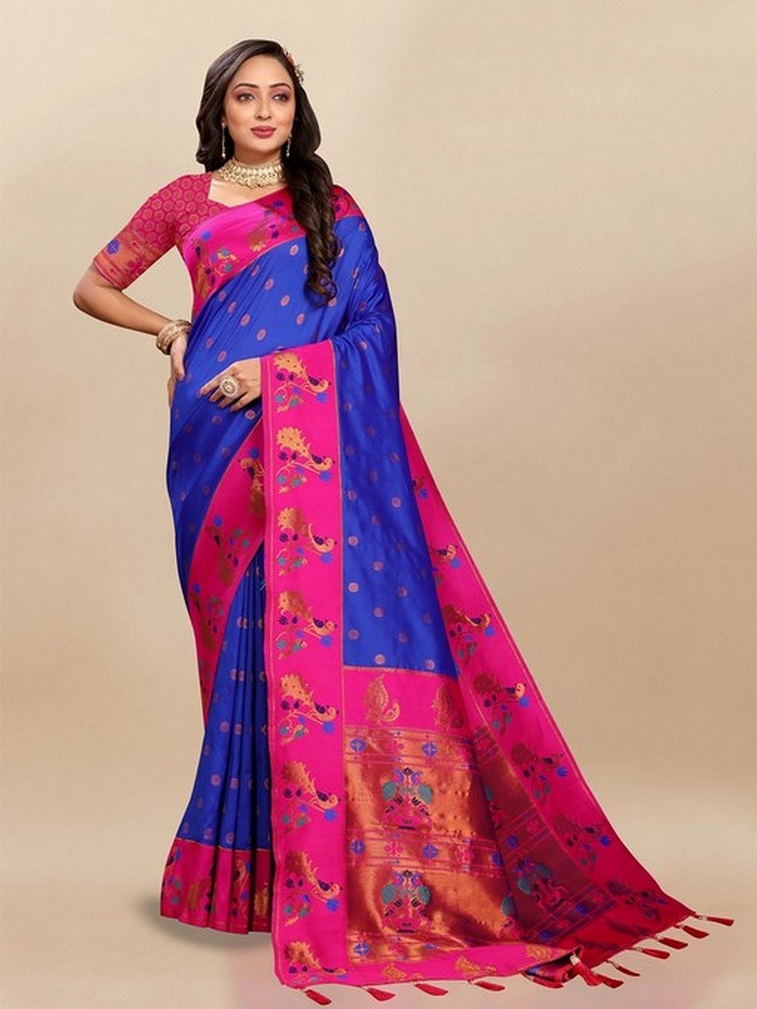 

VARNI FABRICS Woven Design Zari Pure Silk Paithani Saree, Blue