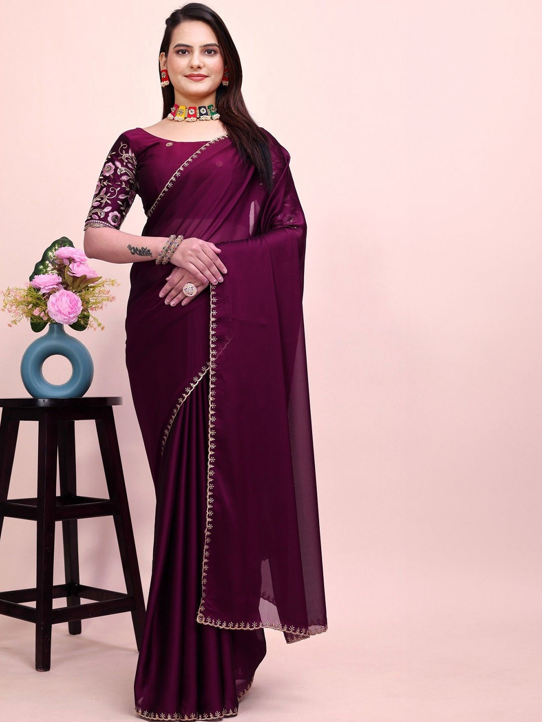 

K 5 Fashion Embroidered Pure Chiffon Saree, Purple