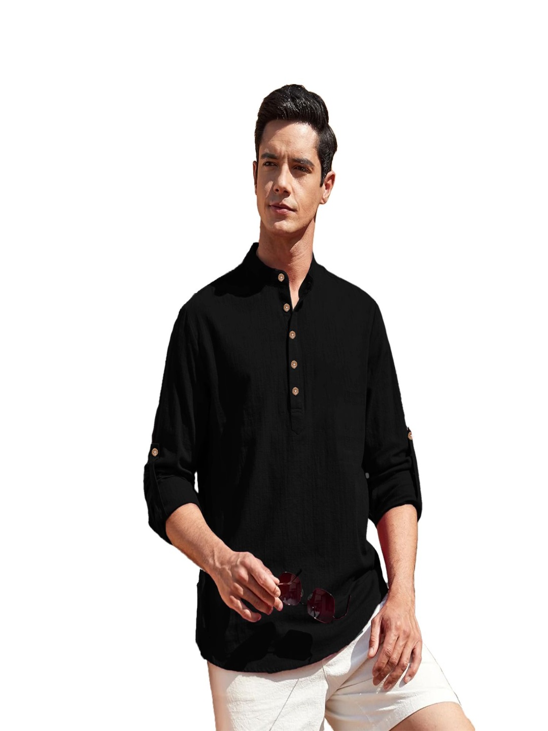 

EdinWolf Band Collar Roll-Up Sleeves Pure Cotton Slim Fit Straight Short Kurta, Black