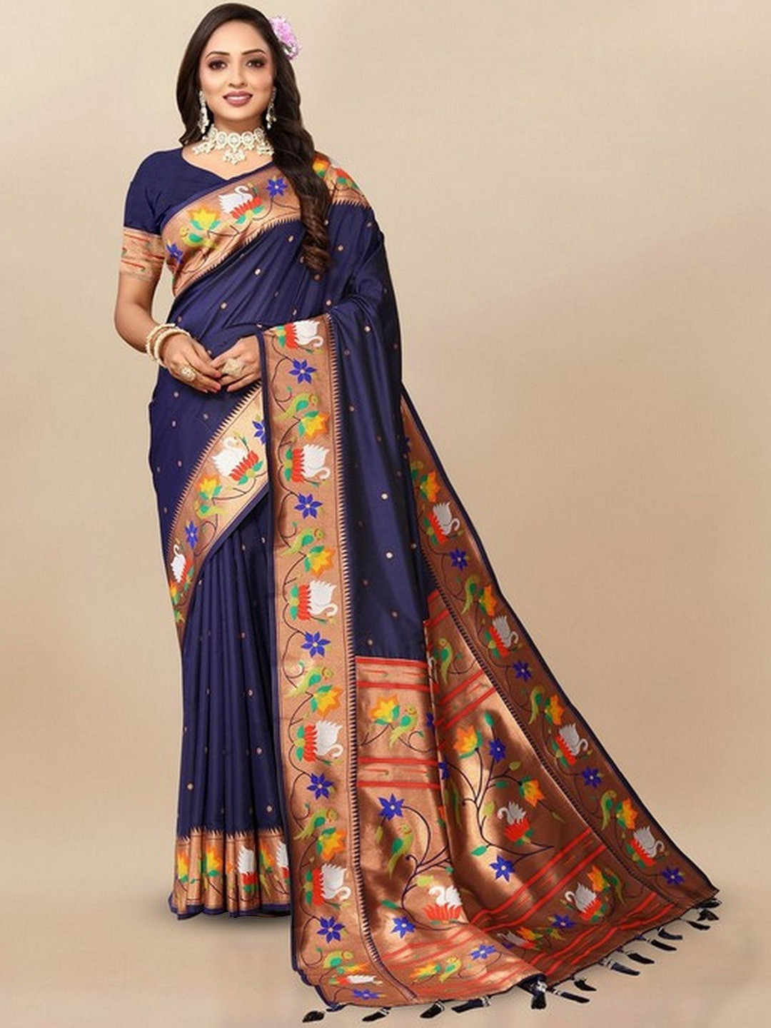 

VARNI FABRICS Woven Design Zari Pure Silk Paithani Saree, Navy blue