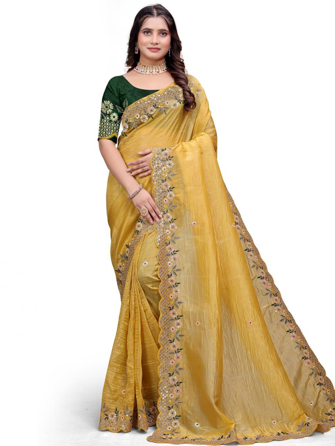 

FVD Embellished Sequinned Saree, Yellow