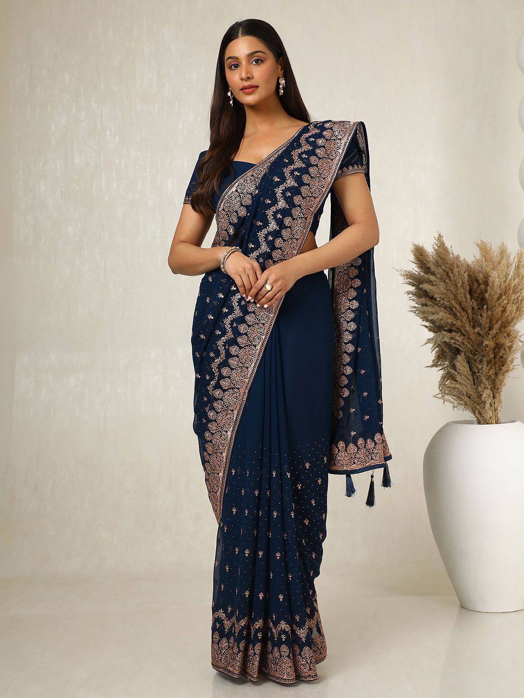 

Soch Embellished Beads and Stones Poly Georgette Saree, Navy blue