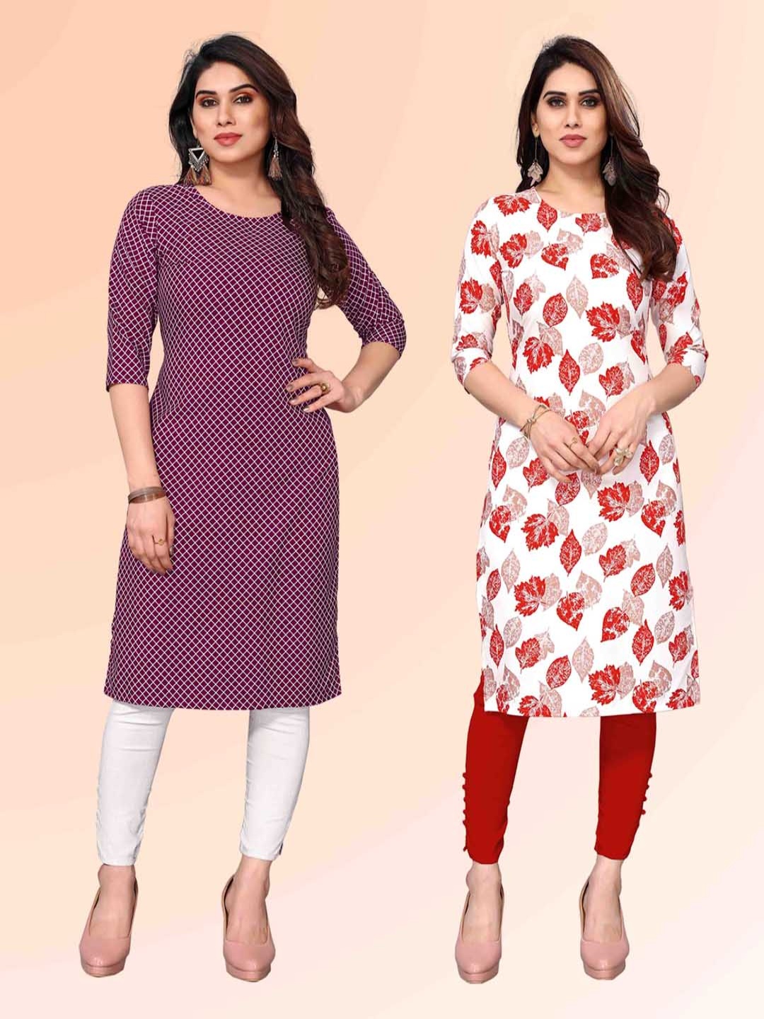 

KETAKI FASHION Selection Of 2 Geometric Printed Round Neck Straight Kurtas, Purple