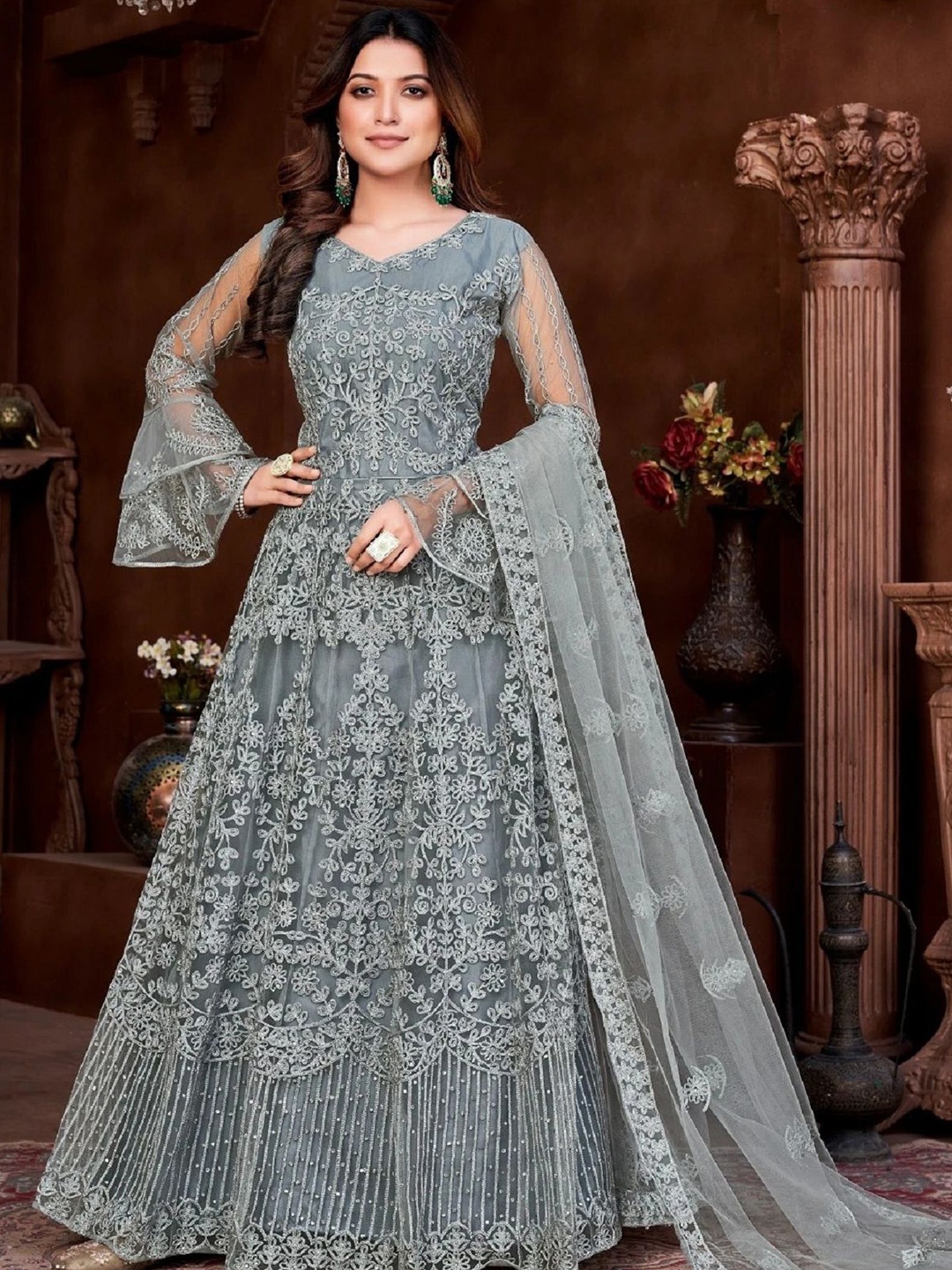 

A TO Z CART Women Embellished Embroidered Net Gown Maxi Dress, Grey