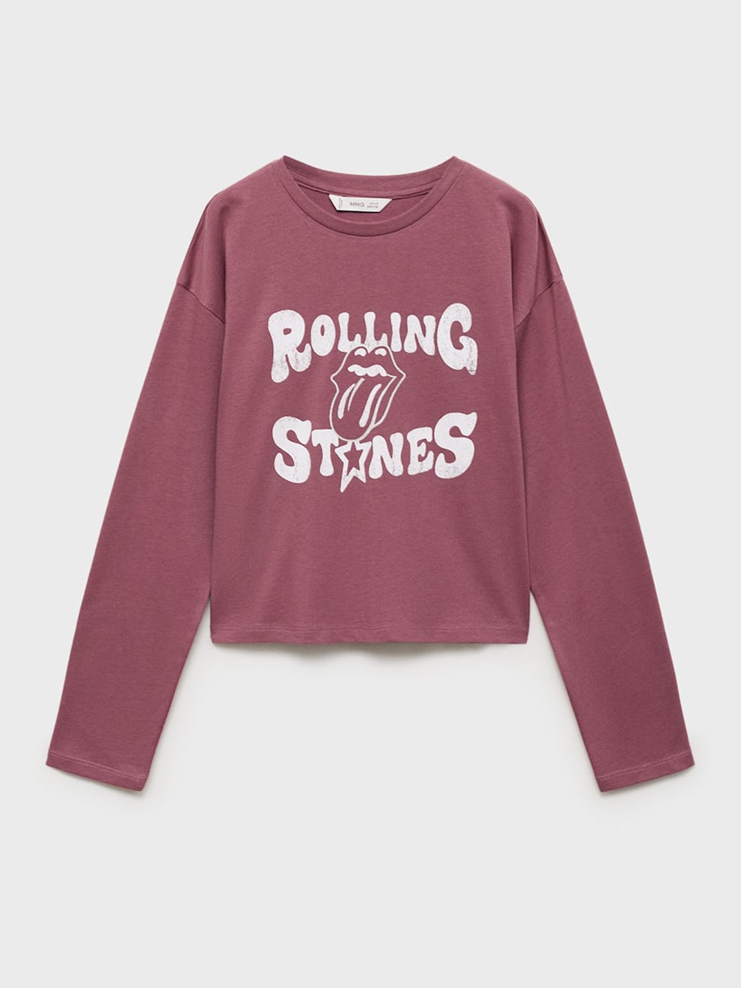 

Mango Kids Girls Rolling Stones Print Drop-Shoulder Sleeves Pure Cotton T-shirt, Mauve