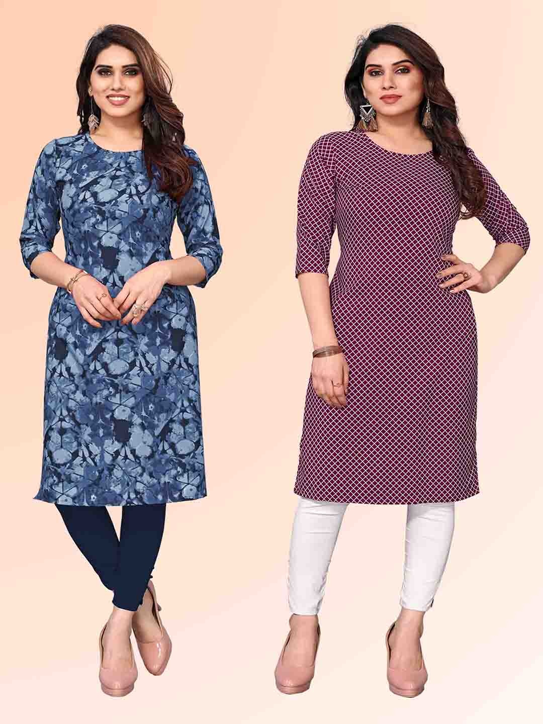 

KETAKI FASHION Selection Of 2 Abstract Printed Round Neck Straight Kurtas, Navy blue