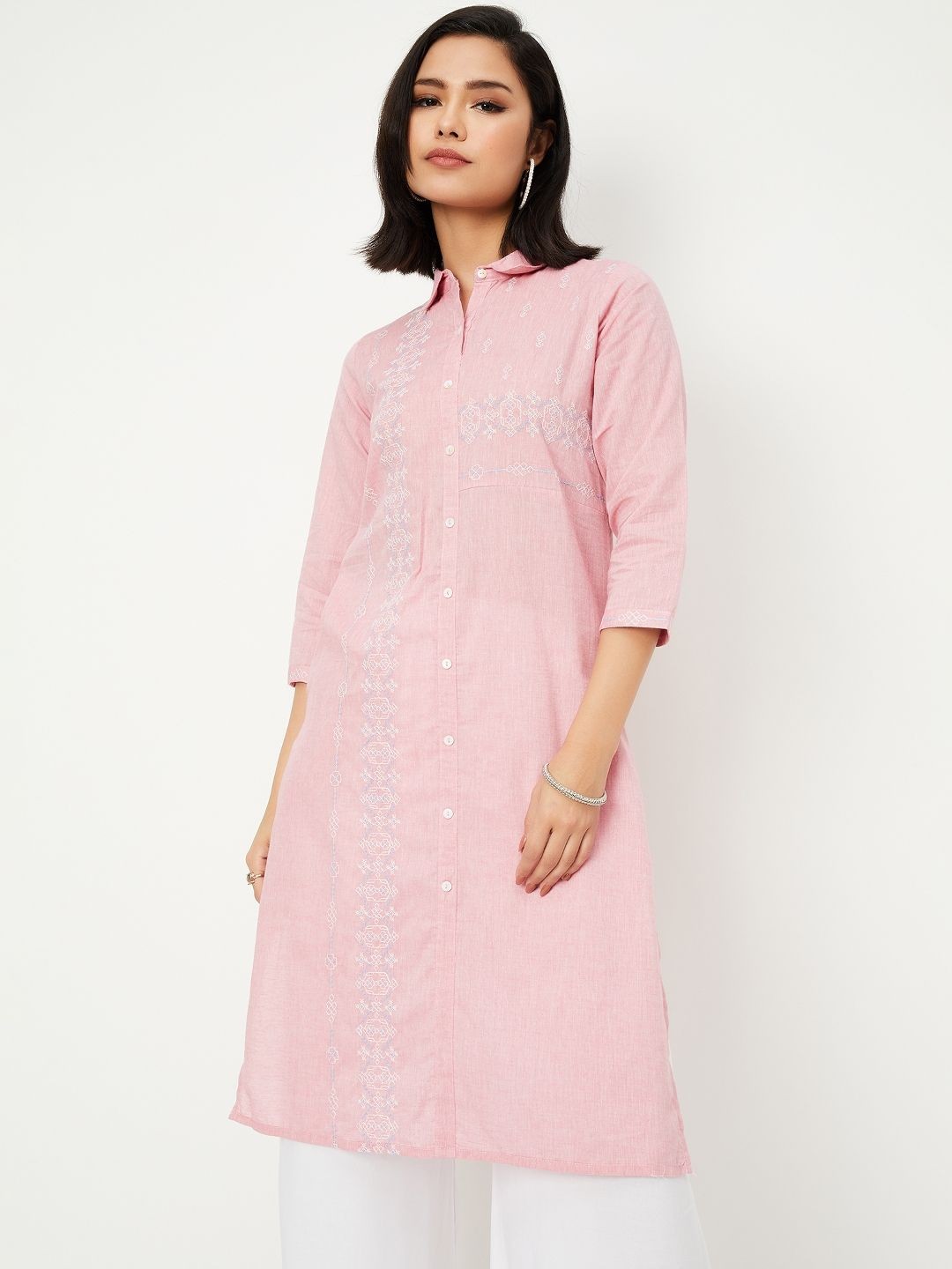 

max Ethnic Motifs Embroidered High Slit Shirt Collar Straight Kurta, Pink