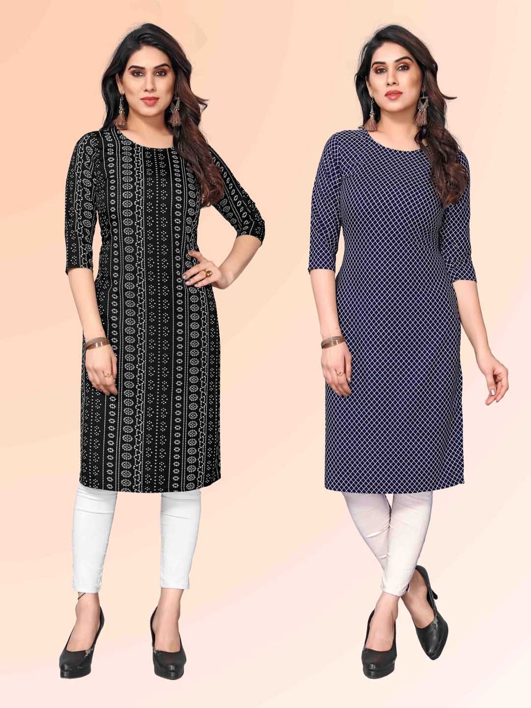 

KETAKI FASHION Selection Of 2 Geometric Printed Round Neck Straight Kurtas, Black