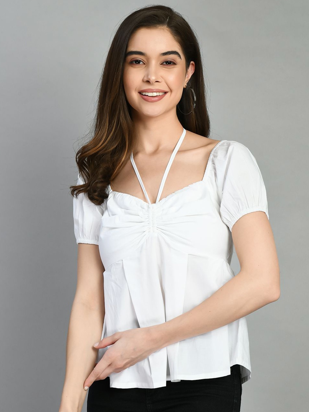 

DressBerry Women Tie-Up Neck Puff Sleeve Cotton Top, White