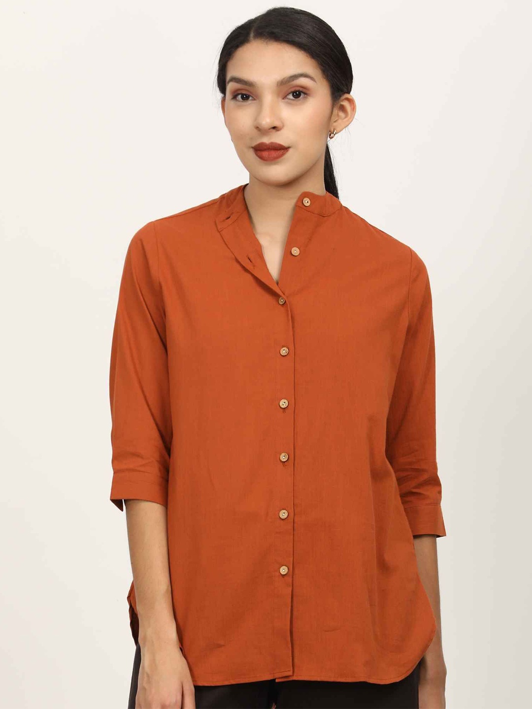 

Saltpetre Women Relaxed Fit Band Collar Solid Organic Cotton Casual Shirt, Rust