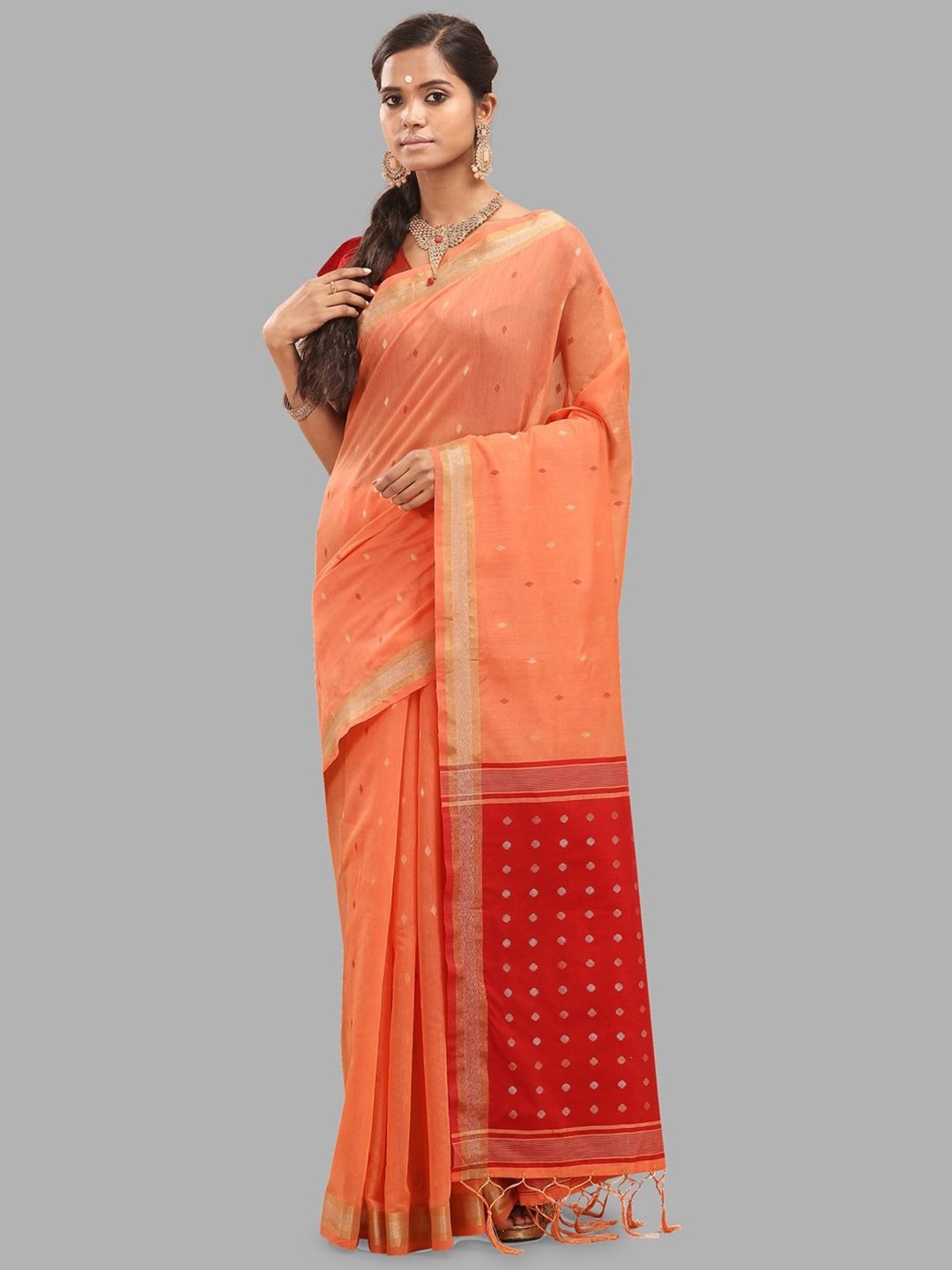 

Krimmple Woven Design Zari Silk Cotton Banarasi Saree, Peach