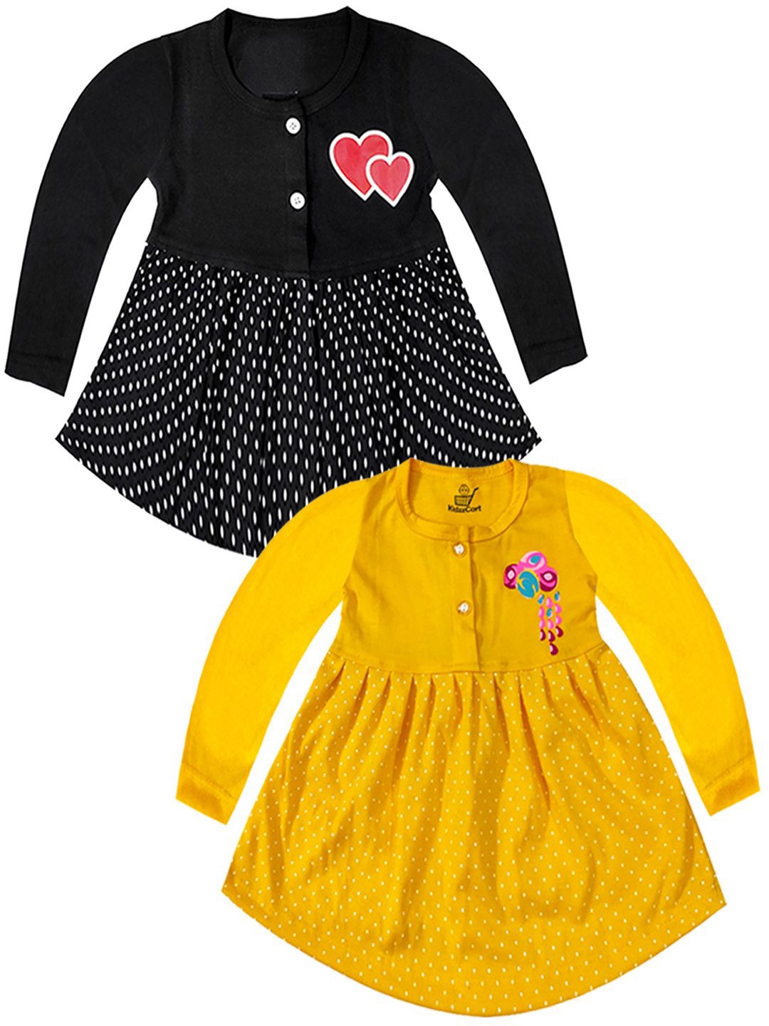 

KidzzCart Girls Pack Of 2 Polka Dot Printed Cotton Fit & Flare Dress, Black