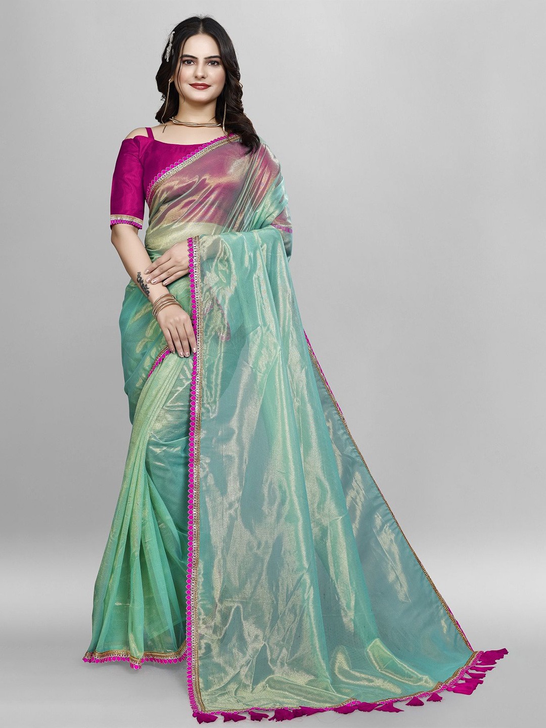 

A TO Z CART Twill Net Lace Border Saree, Turquoise blue