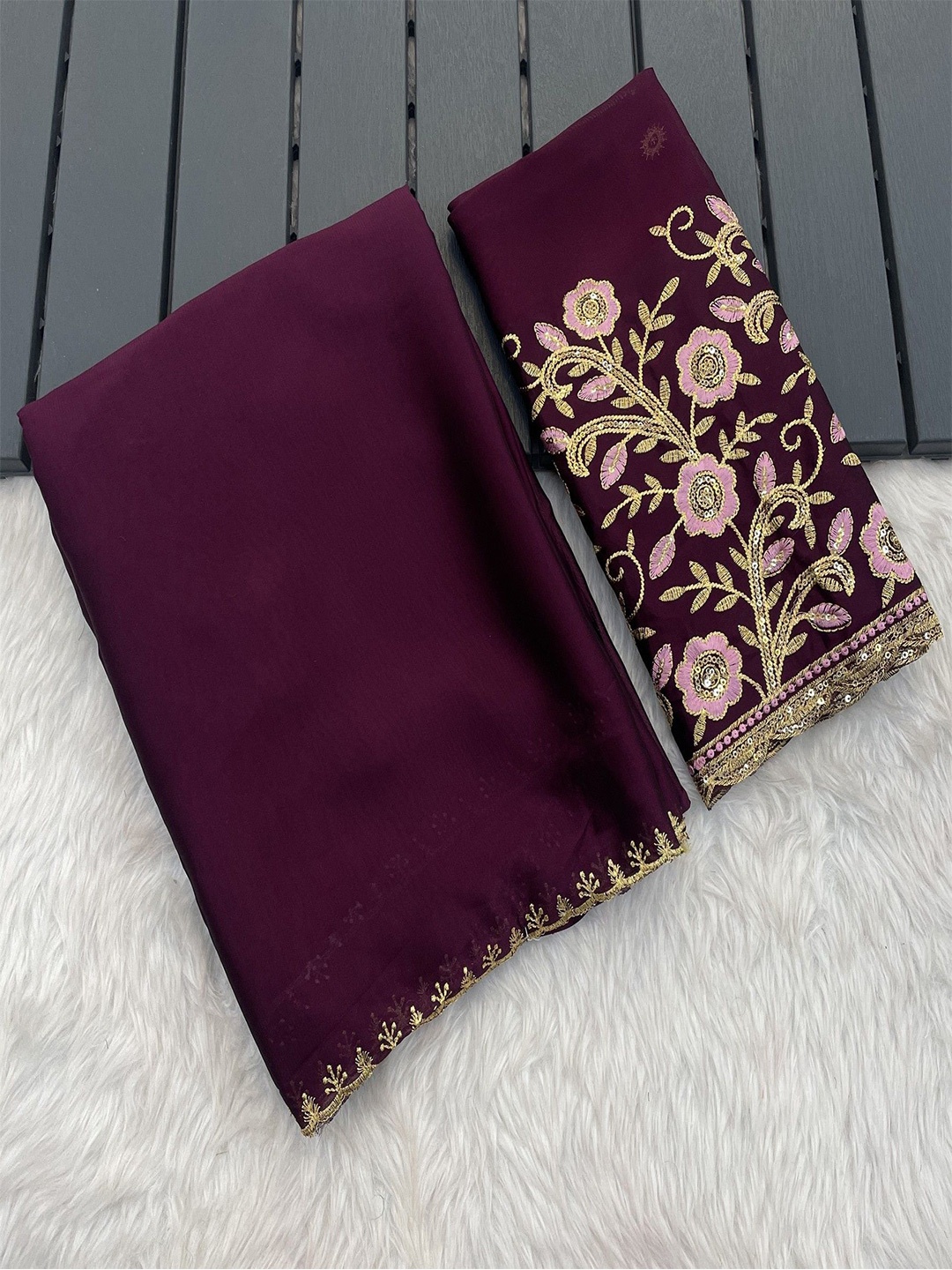 

K 5 Fashion Embroidered Pure Chiffon Saree, Burgundy