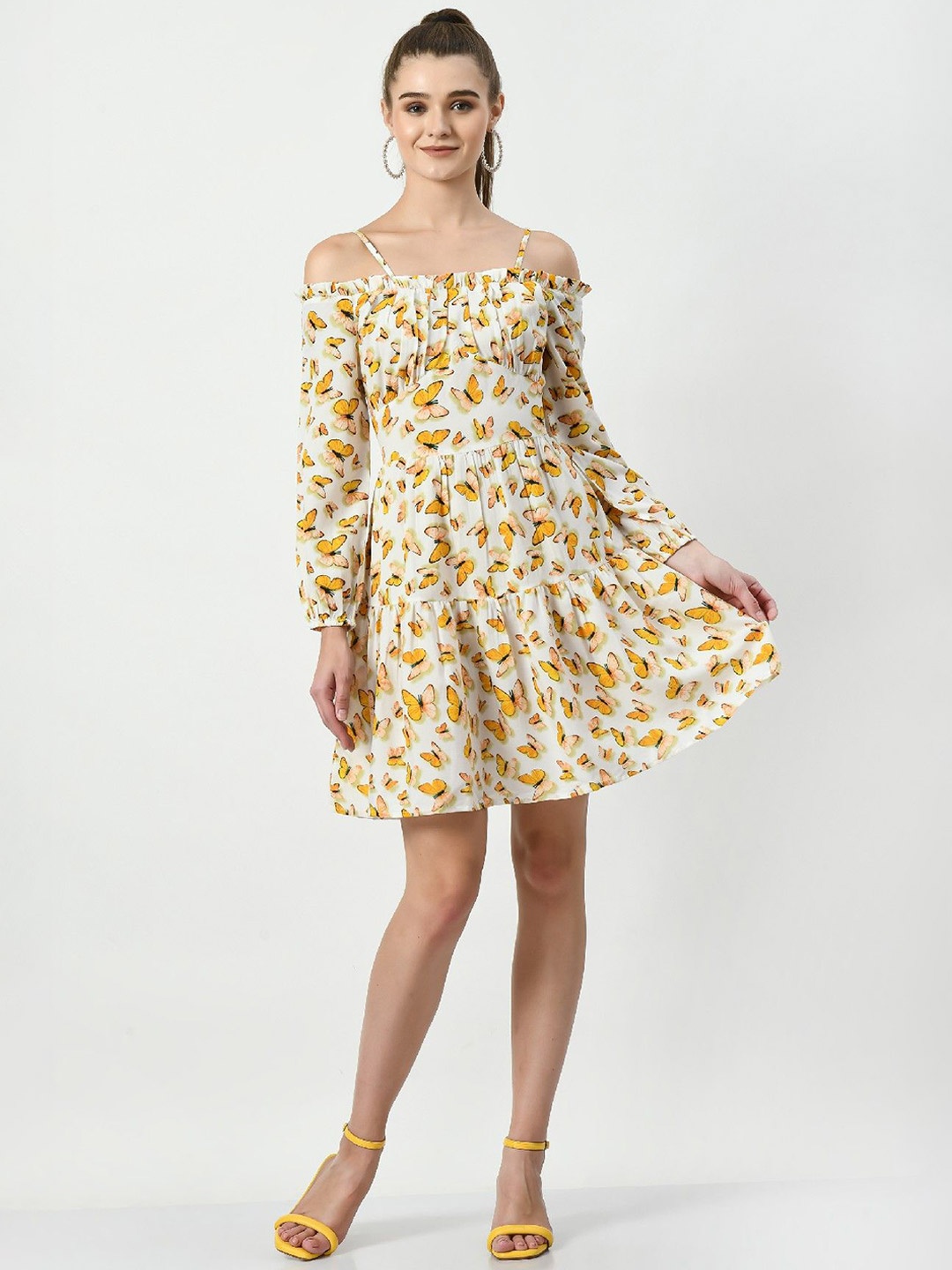 

COATTIRE Floral Printed Off-Shoulder Crepe A-Line Dress, White