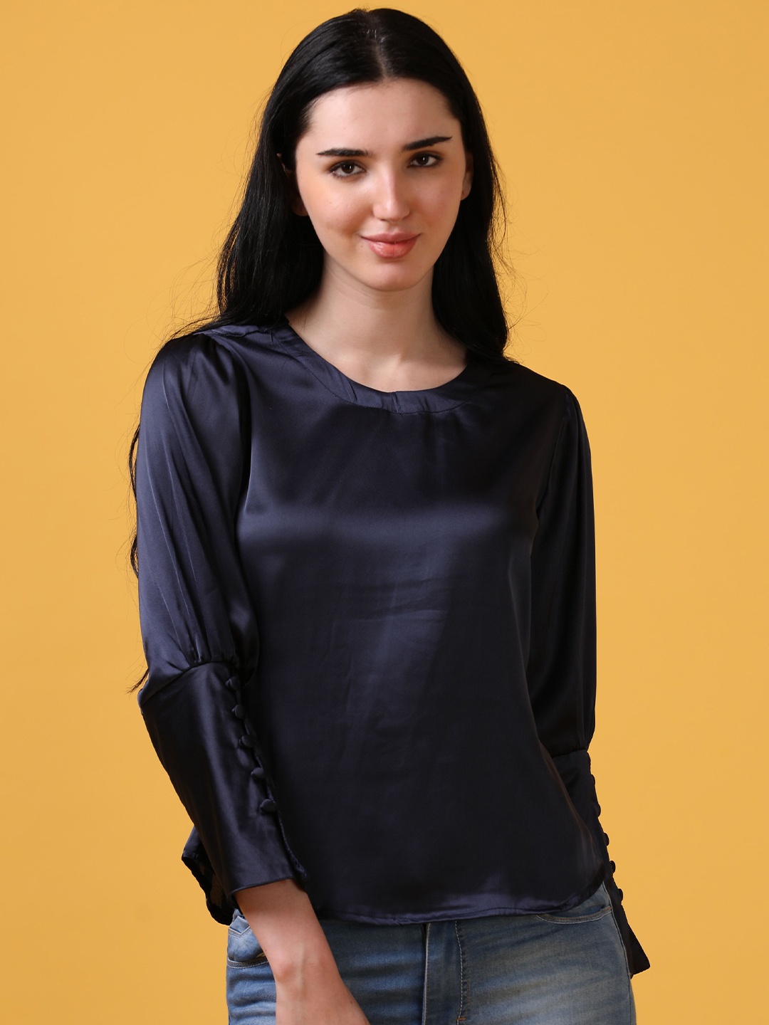 

Hassu's Women Cuffed Sleeves Satin Top, Navy blue