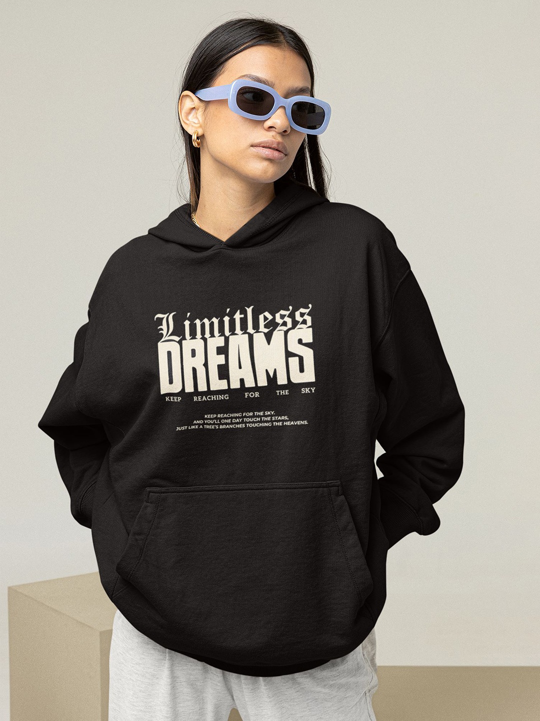 

TheBTclub Women Printed Limitless Dreams Hooded Sweatshirt, Black