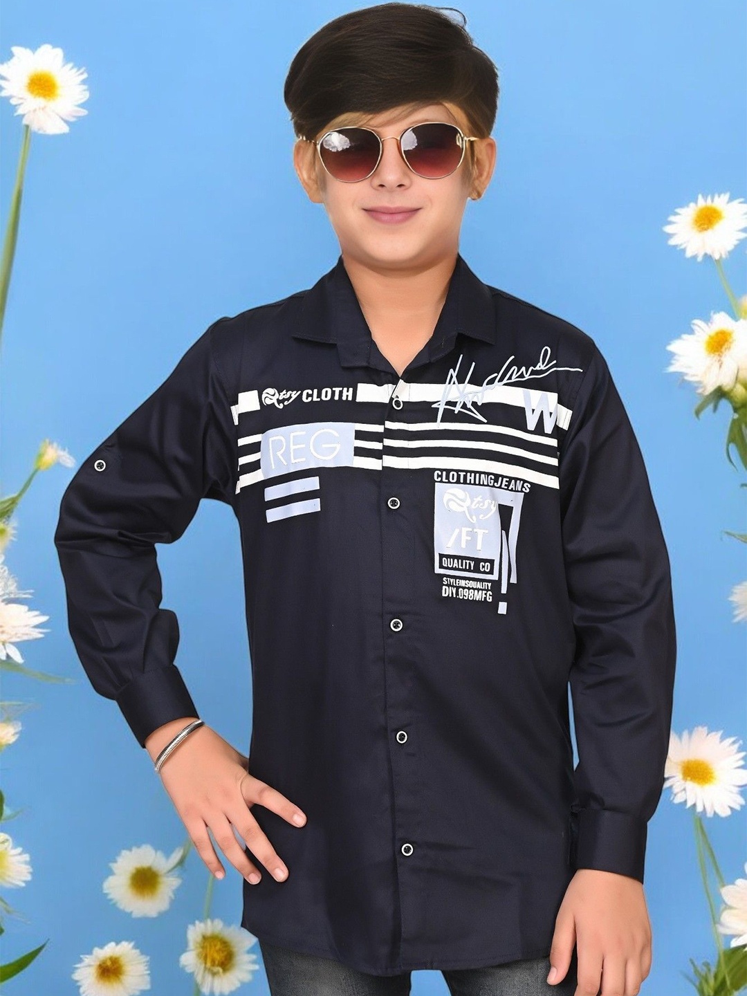 

Eliq Boys Original Fit Cuban Collar Typography Printed Cotton Party Shirt, Navy blue