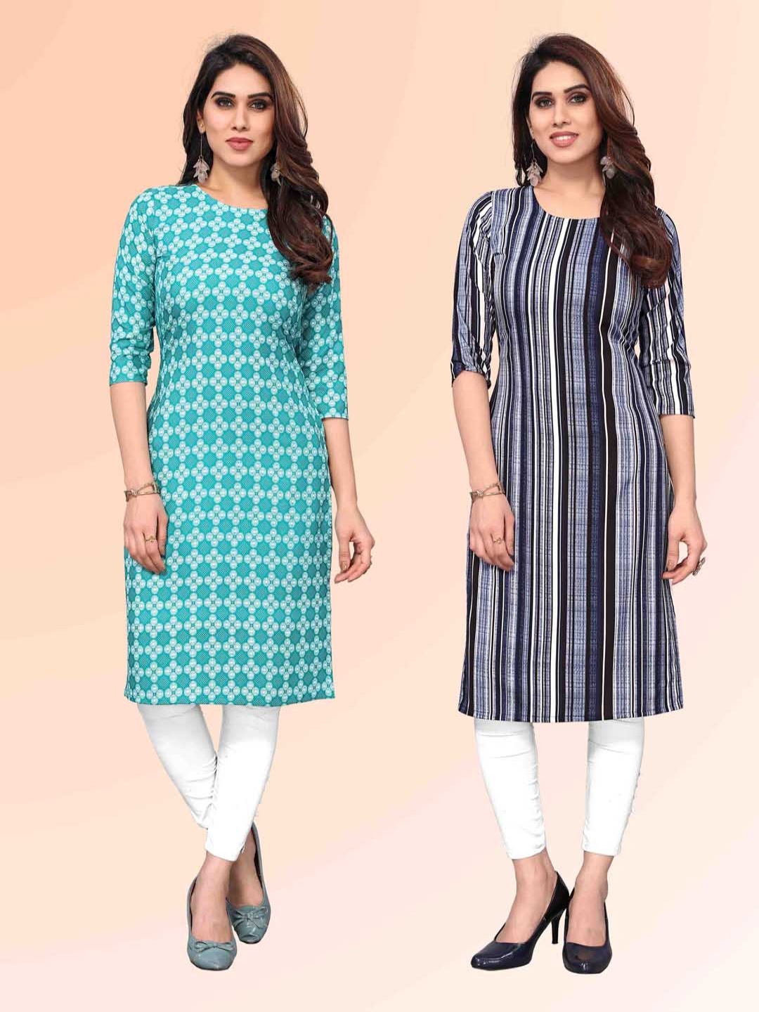 

KETAKI FASHION Selection Of 2 Floral Printed Round Neck Straight Kurtas, Blue