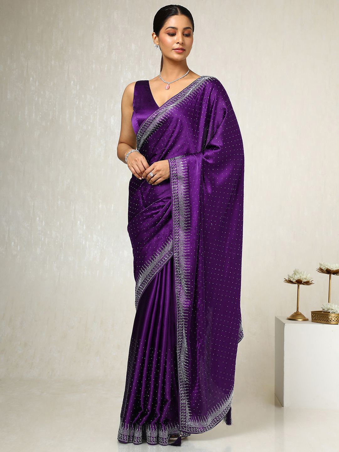 

Soch Embellished Beads and Stones Satin Saree, Purple