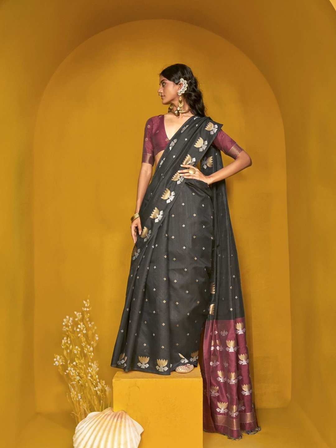 

Anouk Floral Woven Design Zari Banarasi Saree, Black