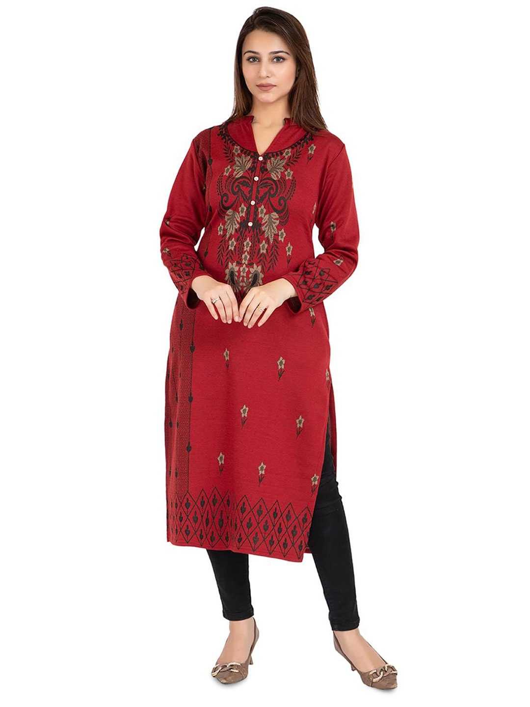

ROSARY Floral Jacquard Woven Design Mandarin Collar Woolen Straight Kurta, Maroon