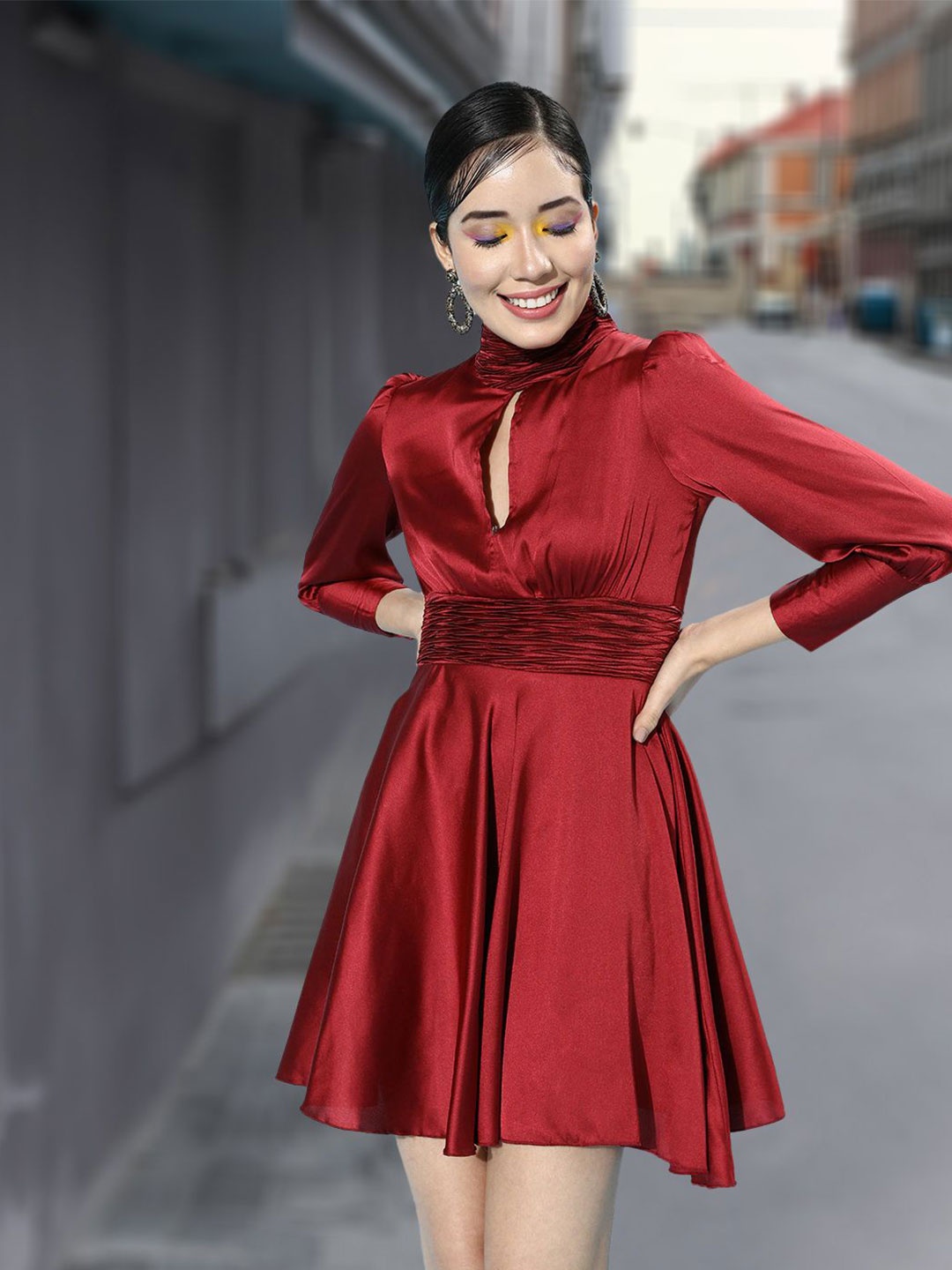 

STYLECAST X KASSUALLY Keyhole Neck Fit & Flare Mini Dress, Maroon