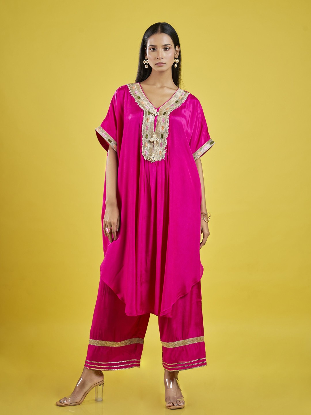 

ISHKIYA Self Design Pleated Kurta With Palazzos Set, Pink