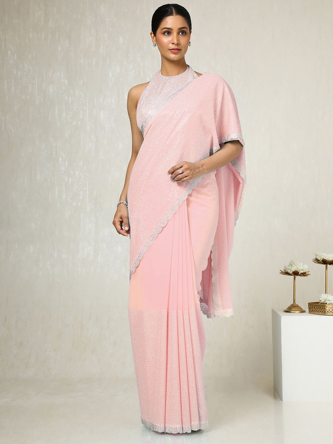 

Soch Sequinned Poly Georgette Saree, Peach