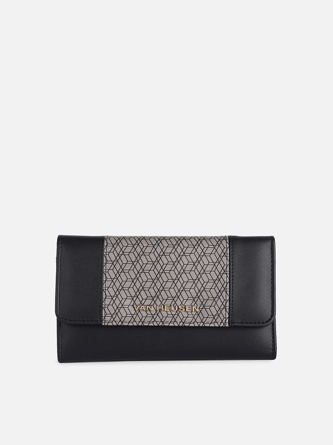 

Van Heusen Woman Geometric Printed Leather Three Fold Wallet, Black