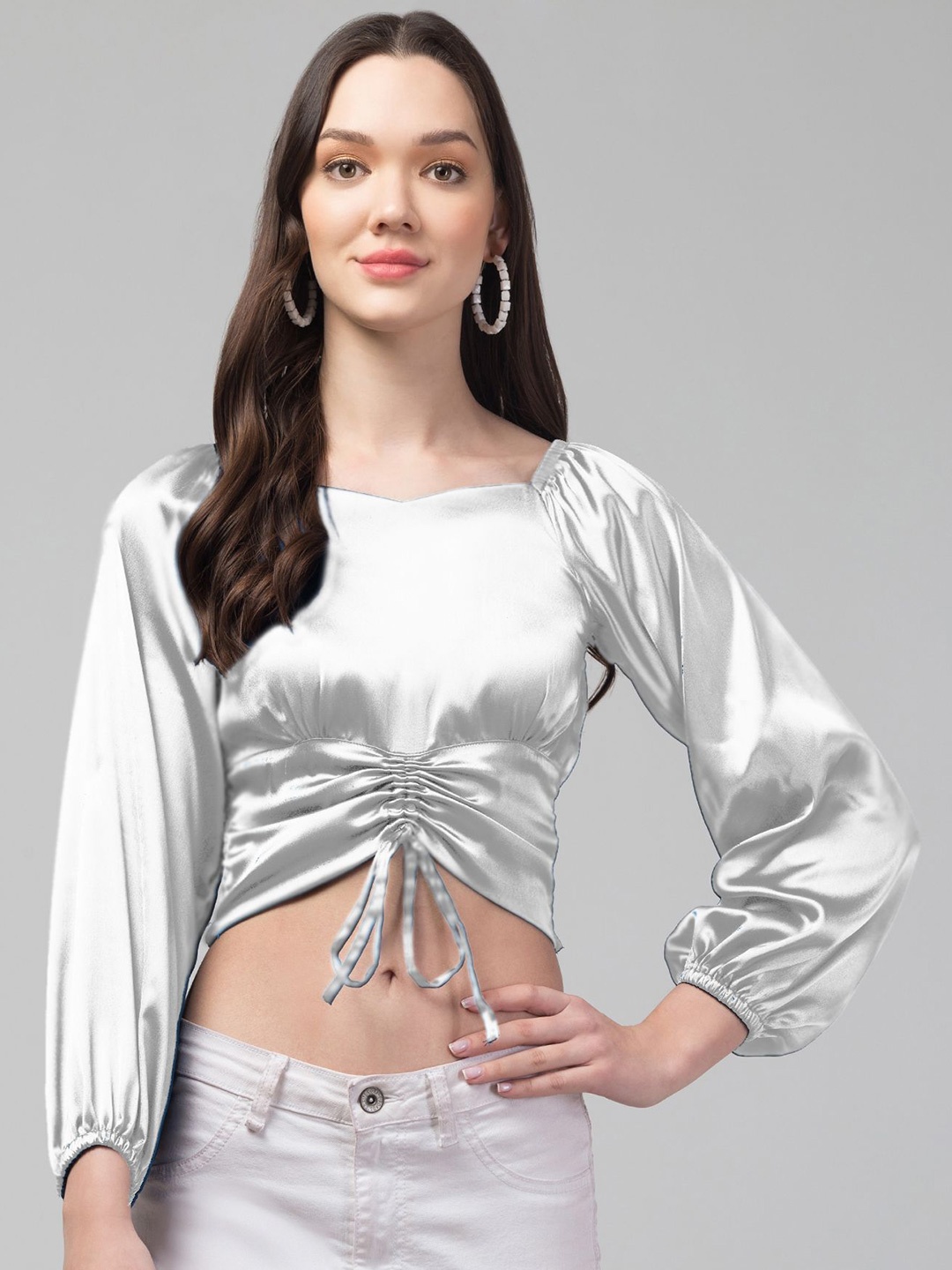 

CULPI Women Sweetheart Neck Puff Sleeve Satin Crop Top, Red
