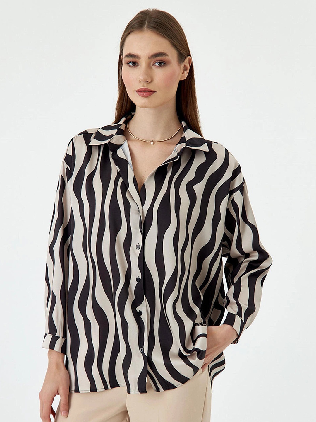 

Mast & Harbour Women Spread Collar Abstract Printed Casual Shirt, Black