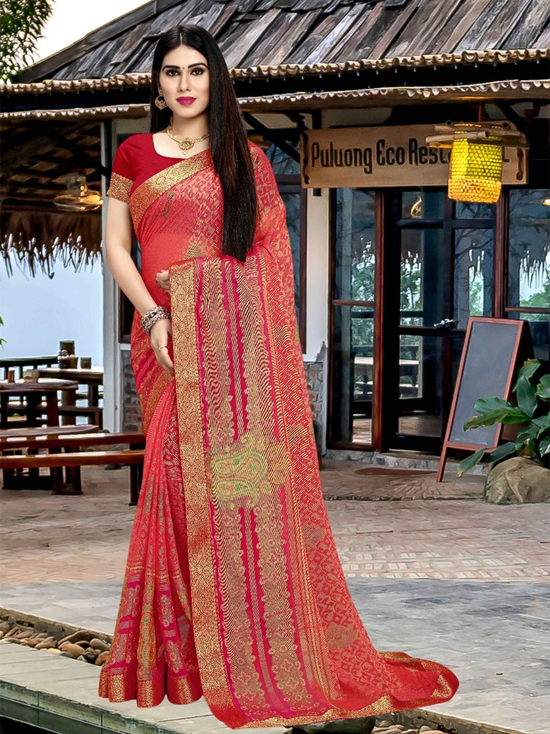 

EMV Women Printed Chiffon Saree, Red