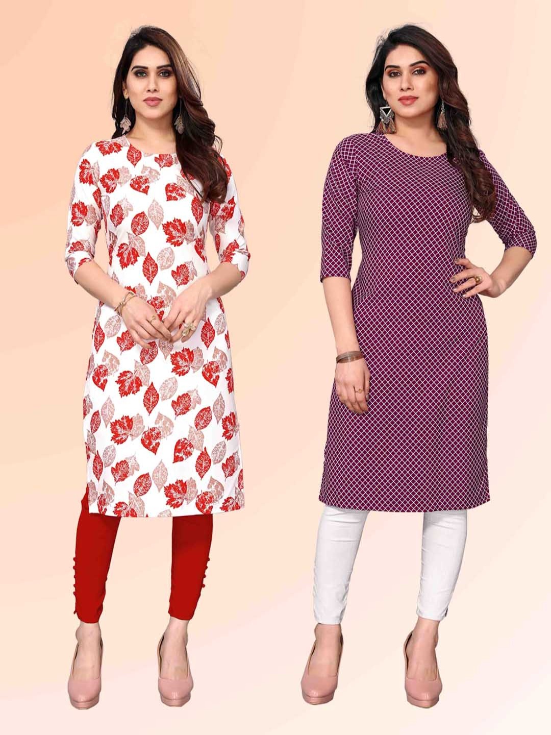 

KETAKI FASHION Selection Of 2 Floral Printed Round Neck Straight Kurtas, White