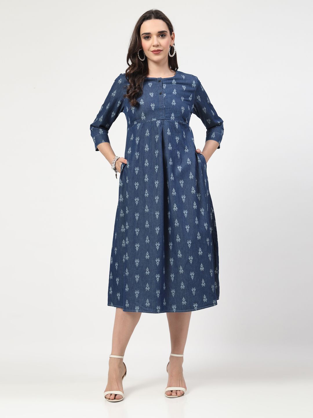 

COSMIC Women Printed Denim A-Line Dress, Blue