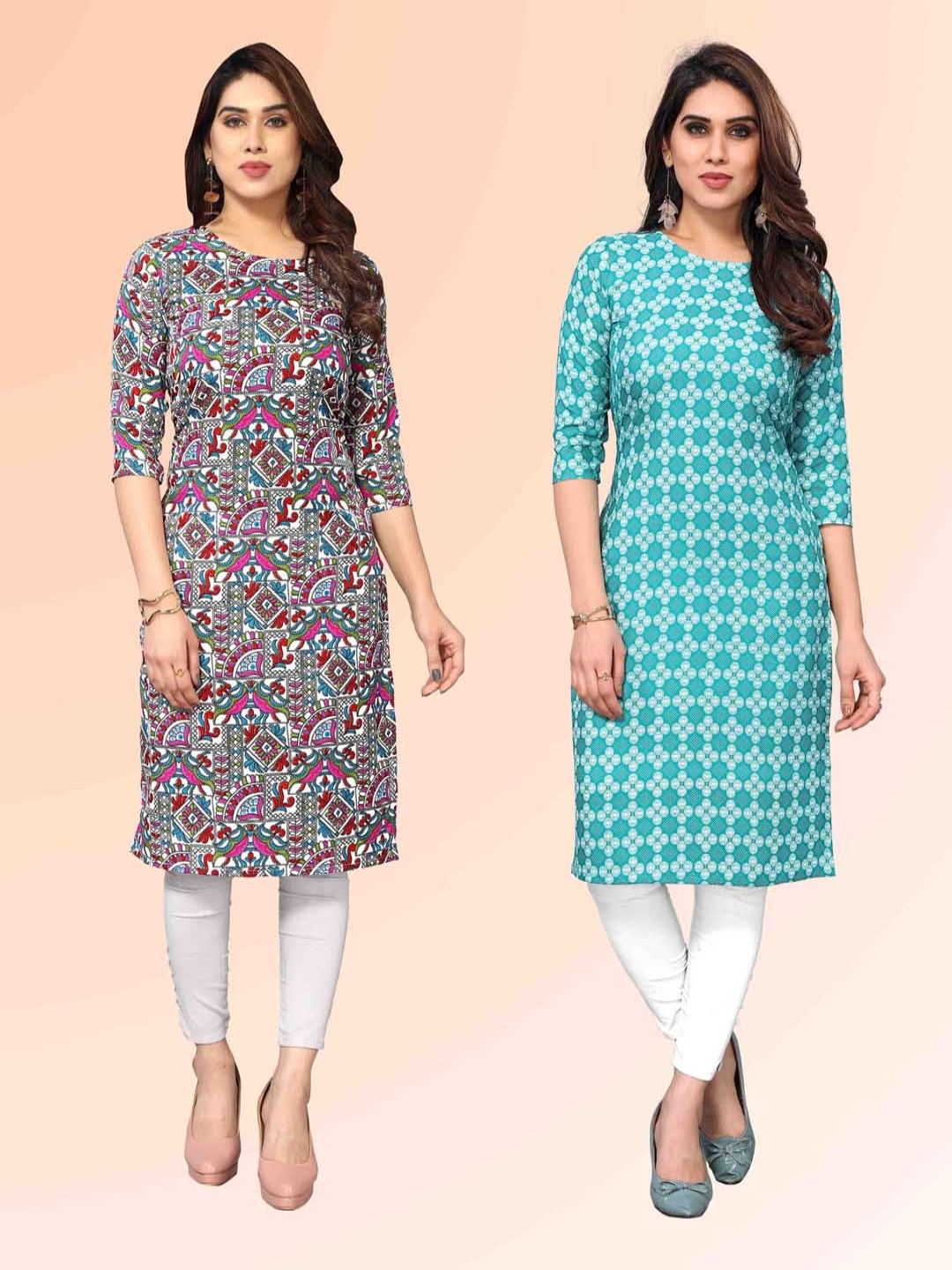 

KETAKI FASHION Selection Of 2 Ethnic Motifs Printed Round Neck Straight Kurtas, Pink