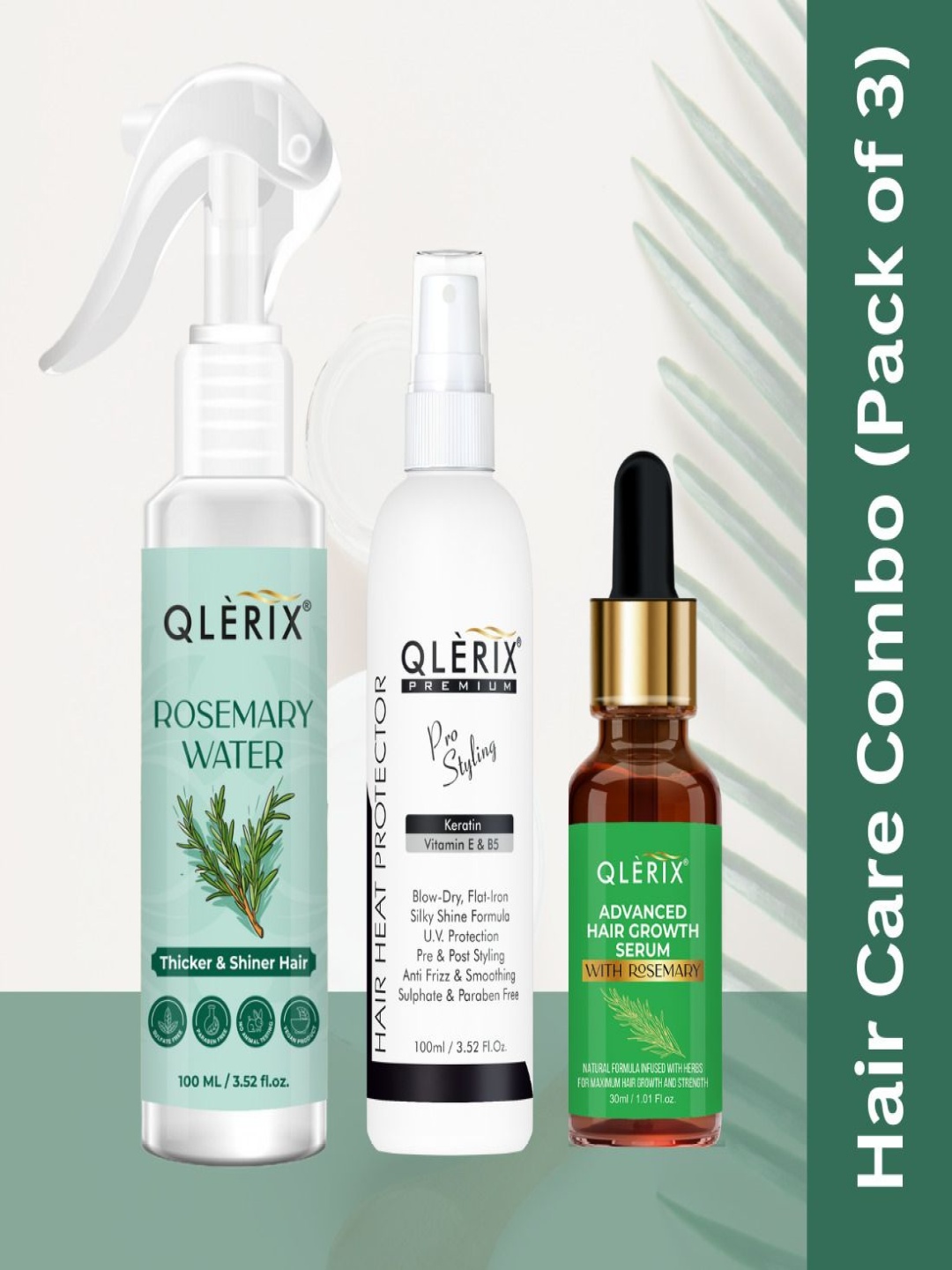 

QLERIX Set Of 3 Rosemary Water Spray, Hair Oil Serum & Hair Heat Protector Spray -230 ml, Grey