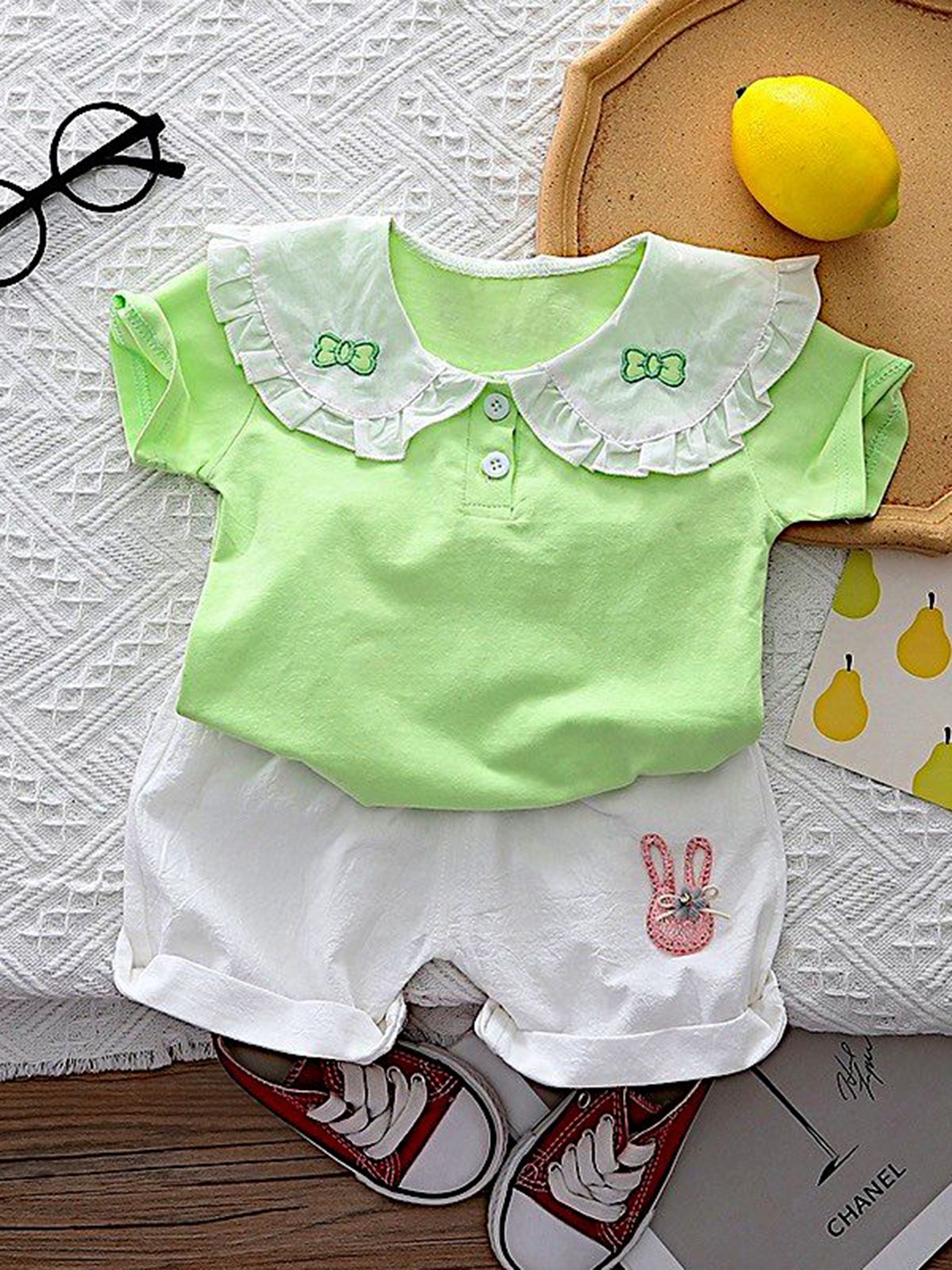 

BAESD Girls Peter Pan Collar Pure Cotton Top With Shorts, Green