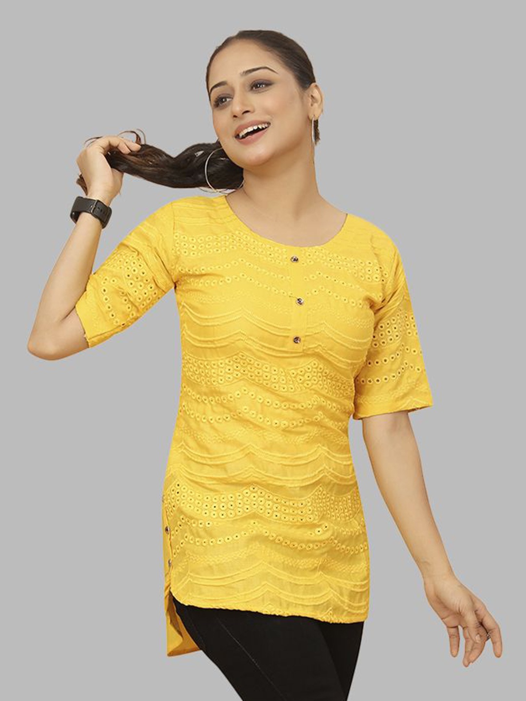 

Krimmple Floral Embroidered Cotton Top, Yellow