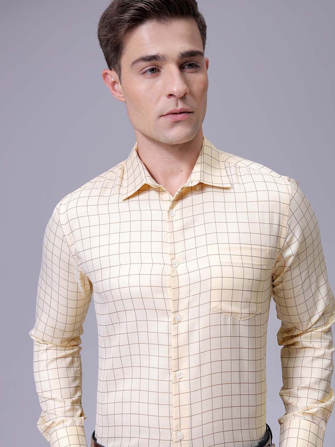 

The Indian Garage Co. X Luxe Men Slim Fit Cutaway Collar Grid Tattersall Checked Formal Shirt, Yellow