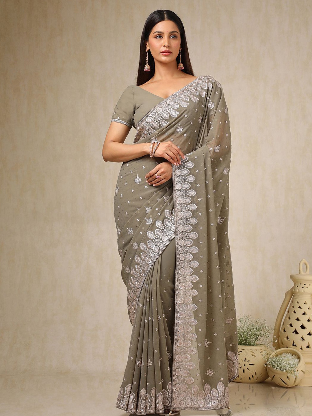 

Soch Beads and Stones Poly Georgette Saree, Olive