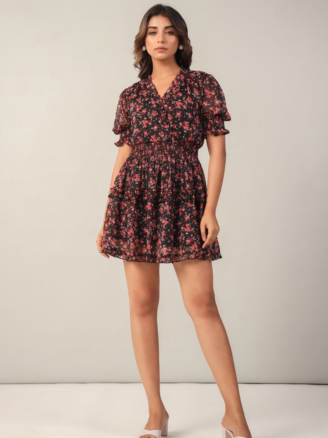 

June 9 Clothing Floral Printed Chiffon Fit & Flare Mini Dress, Black