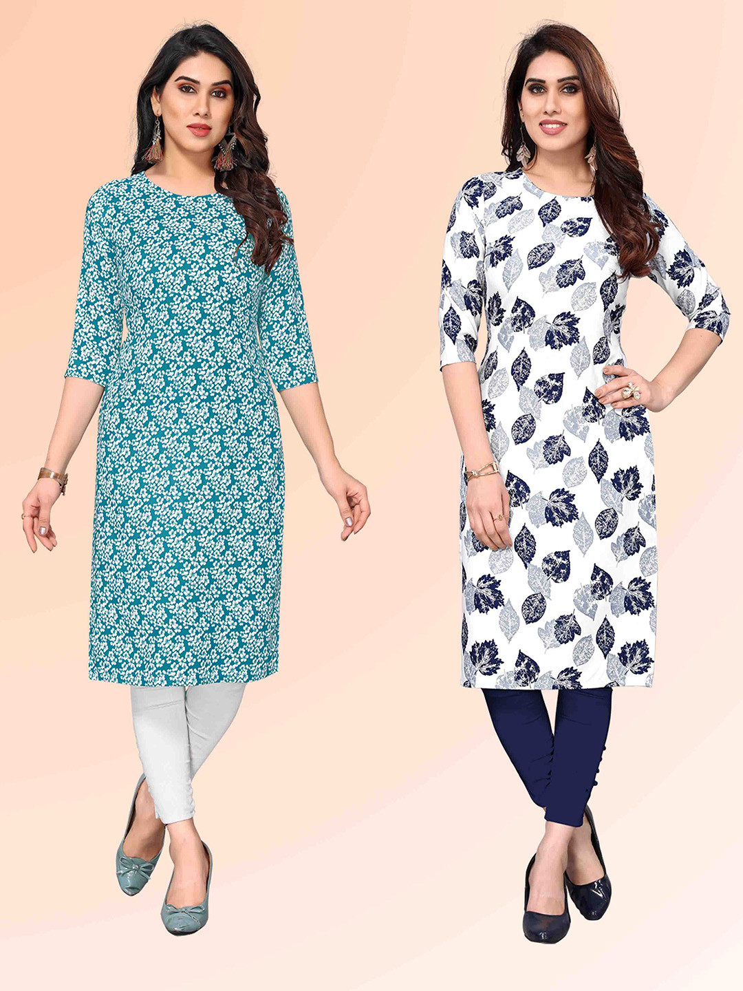 

KETAKI FASHION Selection Of 2 Floral Printed Round Neck Straight Kurtas, Blue
