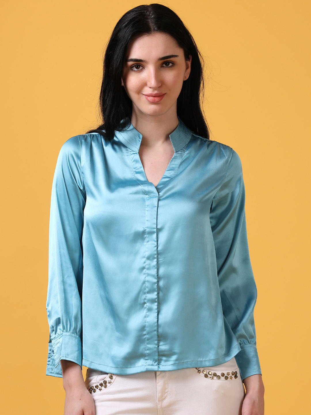 

Hassu's Women Mandarin Collar Satin Shirt Style Top, Blue