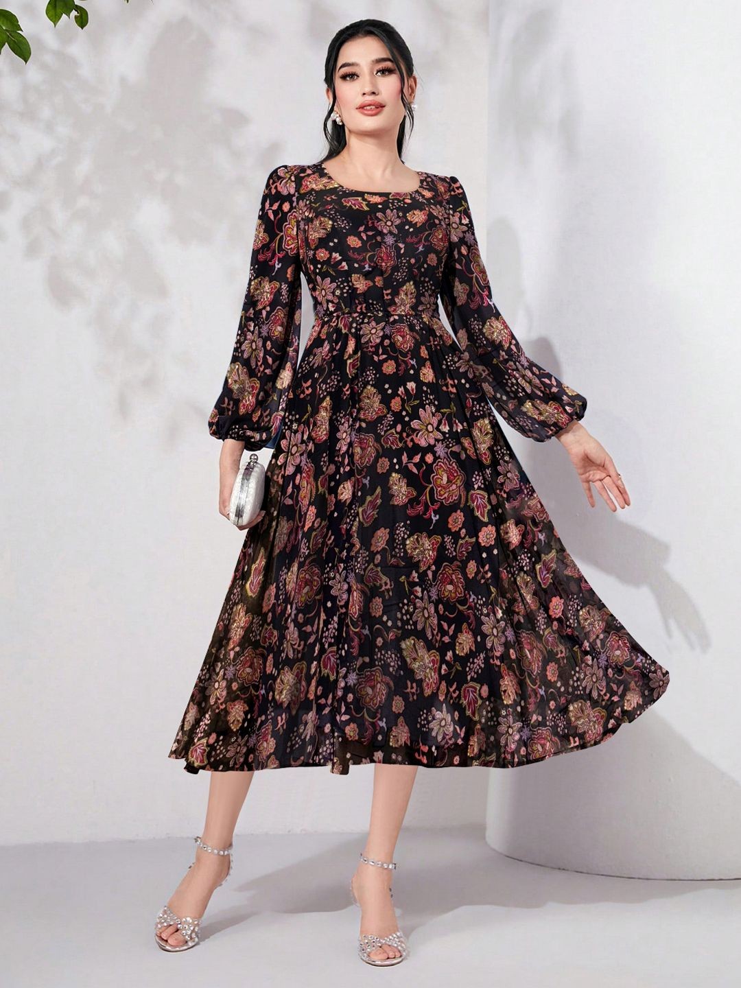 

BAESD Women Floral Printed Puff Sleeve Georgette Fit & Flare Midi Dress, Black