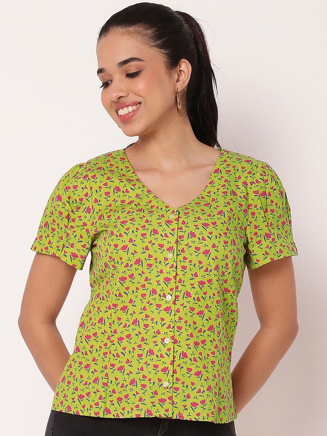 

Moomaya Women Floral Printed Cotton Top, Yellow